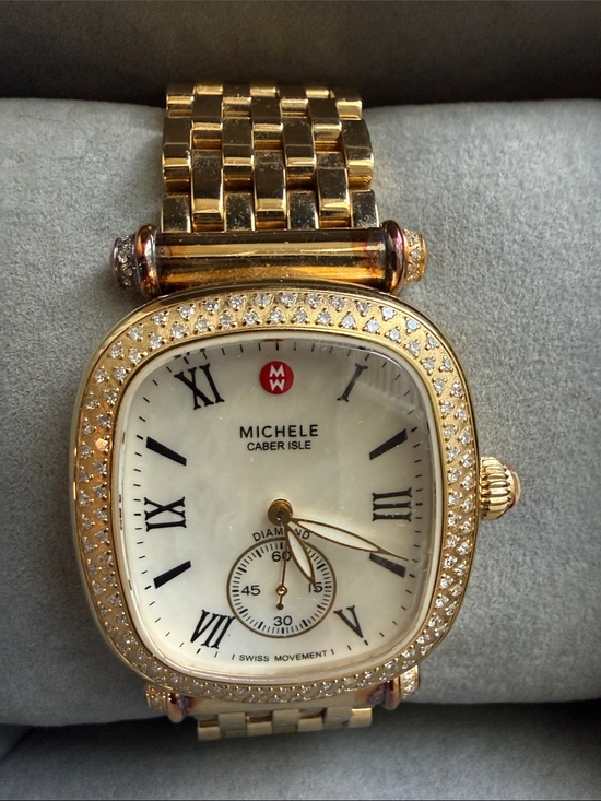 Michele Accessories - Michele Gold-Tone Diamond Bezel Mother-of-Pearl Dial Women's Watch